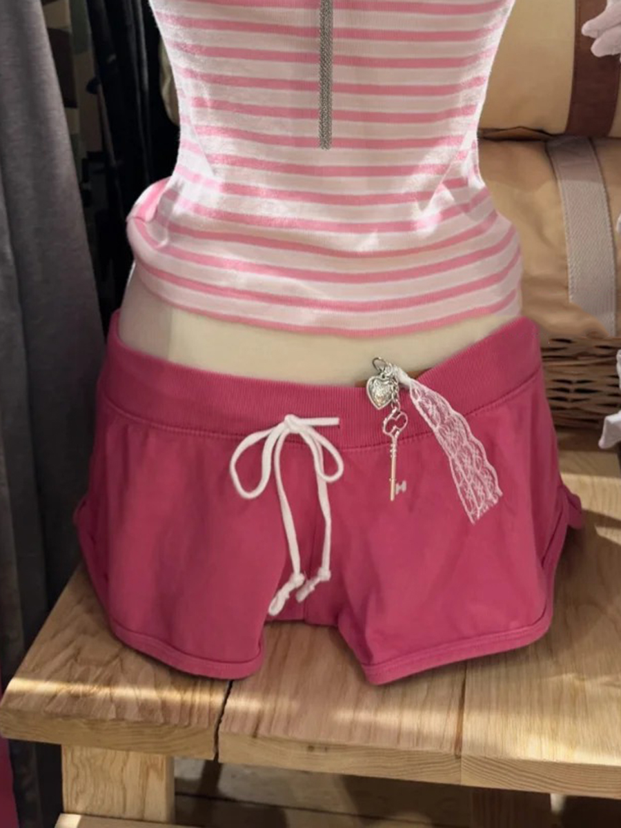 Short Linen Drawstring - Yeni Gül Pembesi Pamuklu Kısa Pantolon