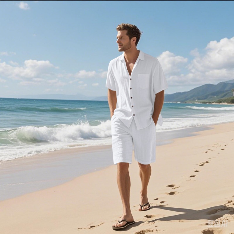Linen Shirt Breathable - Erkekler Keten Karışımı Kamp Yaka Gömlek