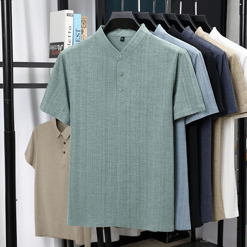 Linen Shirt Breathable - Erkek Mandarin Yaka Yarım Düğmeli Keten
